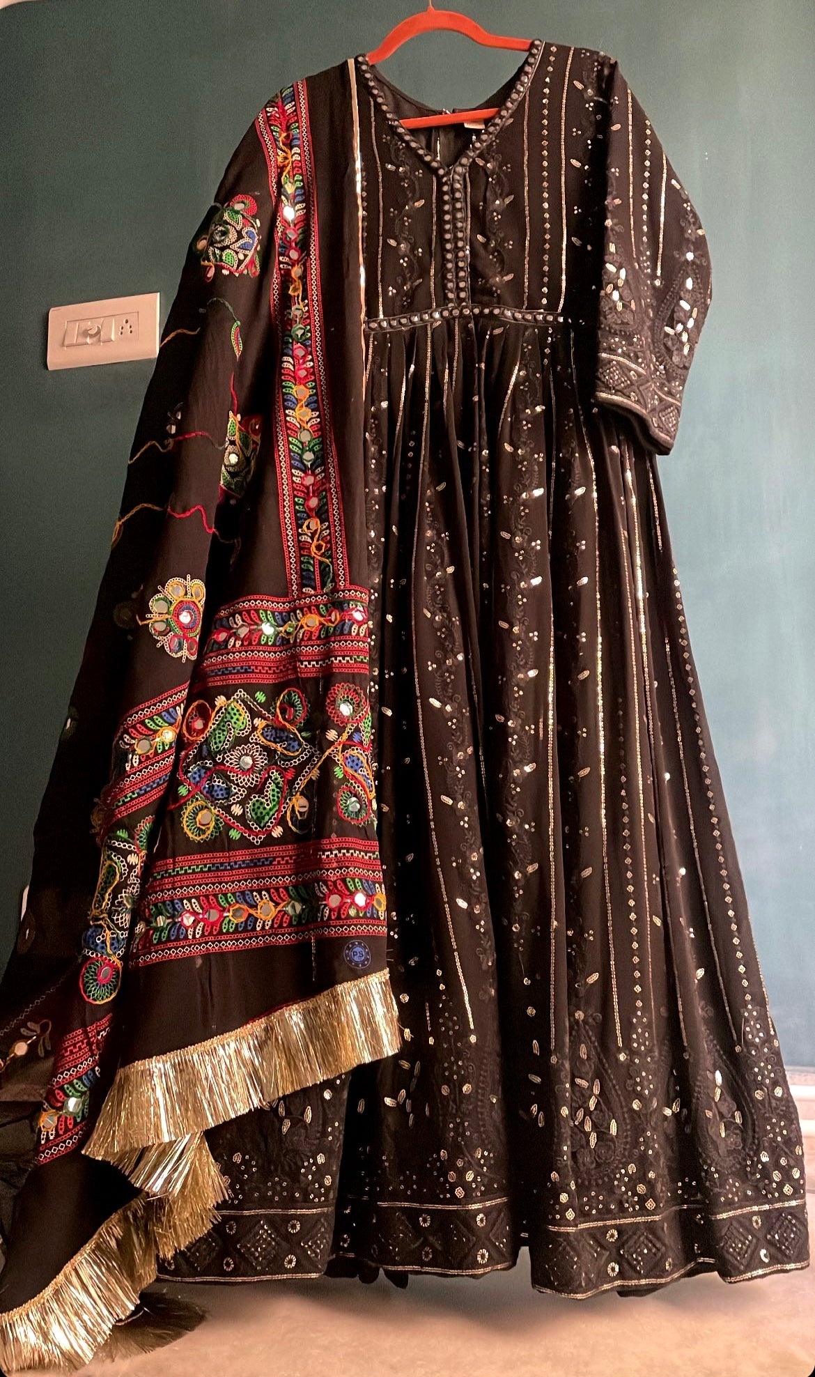 Black Lucknowi Kurta with gotta work duppata
